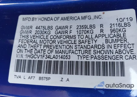 2020 Honda Accord Sport из США, поврежденный, VIN 1HGCV1F34LA014053